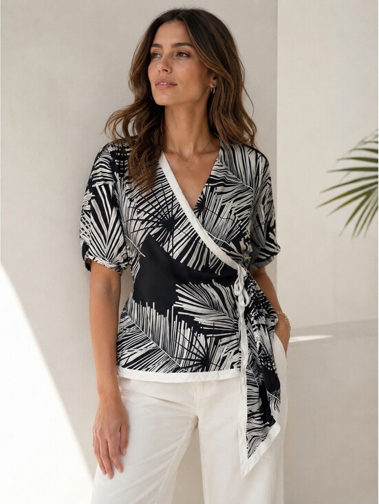 Tops - Genny Italy 100% Silk Wrap Blouse Palm Leaf Print Black White Short Sleeve Top